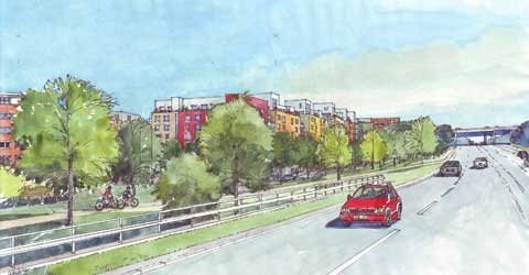 En tecknad vy över ebn röd bil åkandes över n väg med bostäder i bakgrunden.